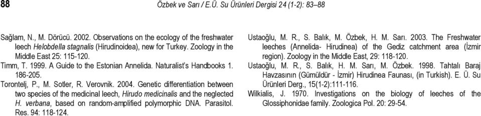 Genetic differentiation between two species of the medicinal leech, Hirudo medicinalis and the neglected H. verbana, based on random-amplified polymorphic DNA. Parasitol. Res. 94: 118-124.