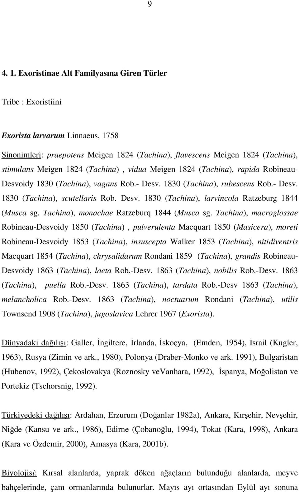 (Tachina), vidua Meigen 1824 (Tachina), rapida Robineau- Desvoidy 1830 (Tachina), vagans Rob.- Desv. 1830 (Tachina), rubescens Rob.- Desv. 1830 (Tachina), scutellaris Rob. Desv. 1830 (Tachina), larvincola Ratzeburg 1844 (Musca sg.