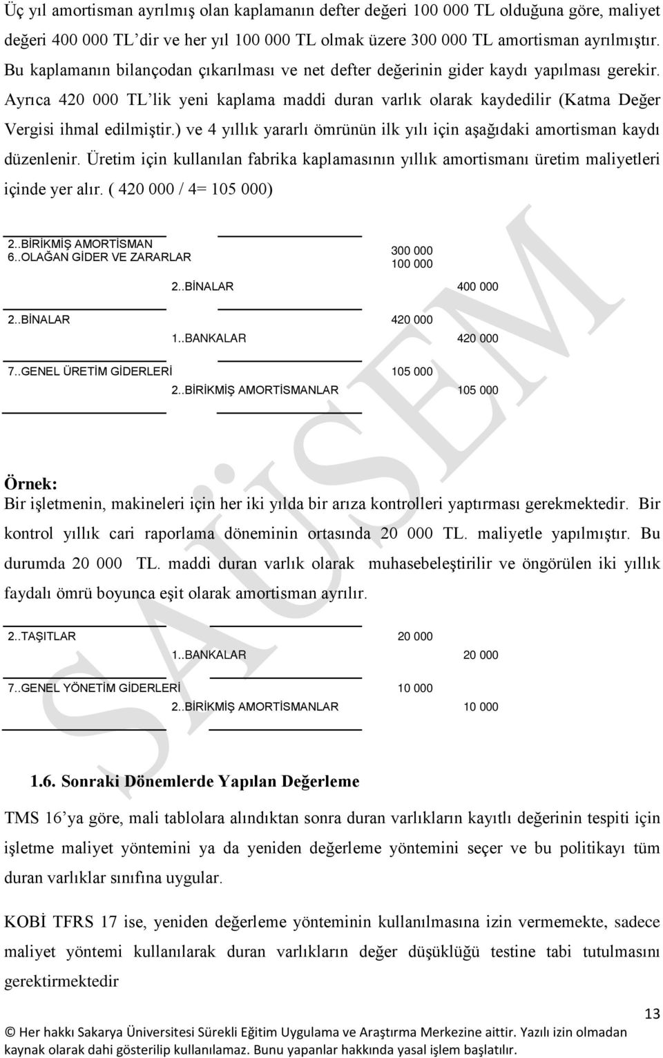 Ayrıca 420 000 TL lik yeni kaplama maddi duran varlık olarak kaydedilir (Katma Değer Vergisi ihmal edilmiştir.) ve 4 yıllık yararlı ömrünün ilk yılı için aşağıdaki amortisman kaydı düzenlenir.