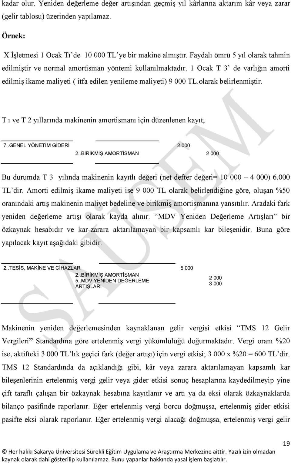 olarak belirlenmiştir. T ı ve T 2 yıllarında makinenin amortismanı için düzenlenen kayıt; 7..GENEL YÖNETİM GİDERİ 2 000 2.