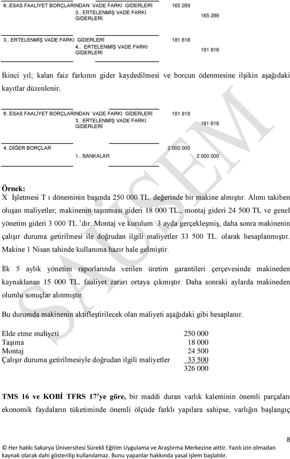 .ESAS FAALİYET BORÇLARINDAN VADE FARKI GİDERLERİ 181 818 3.. ERTELENMİŞ VADE FARKI GİDERLERİ 181 818 4..DİĞER BORÇLAR 2 000 000 1.