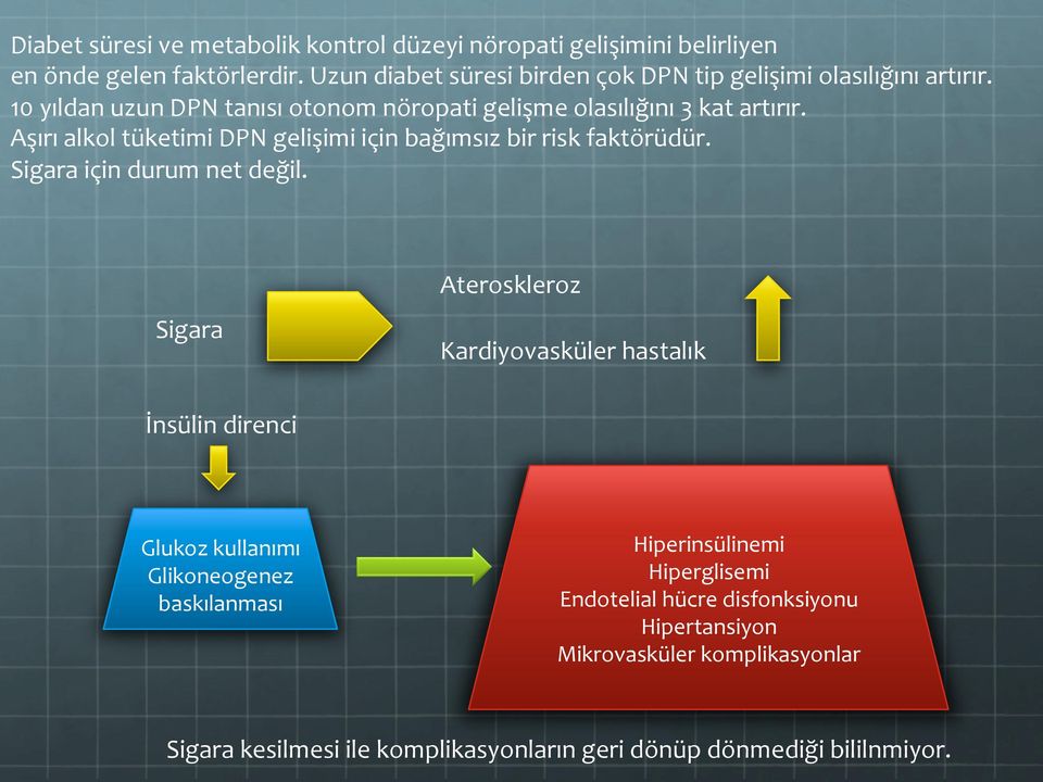 Aşırı alkol tüketimi DPN gelişimi için bağımsız bir risk faktörüdür. Sigara için durum net değil.