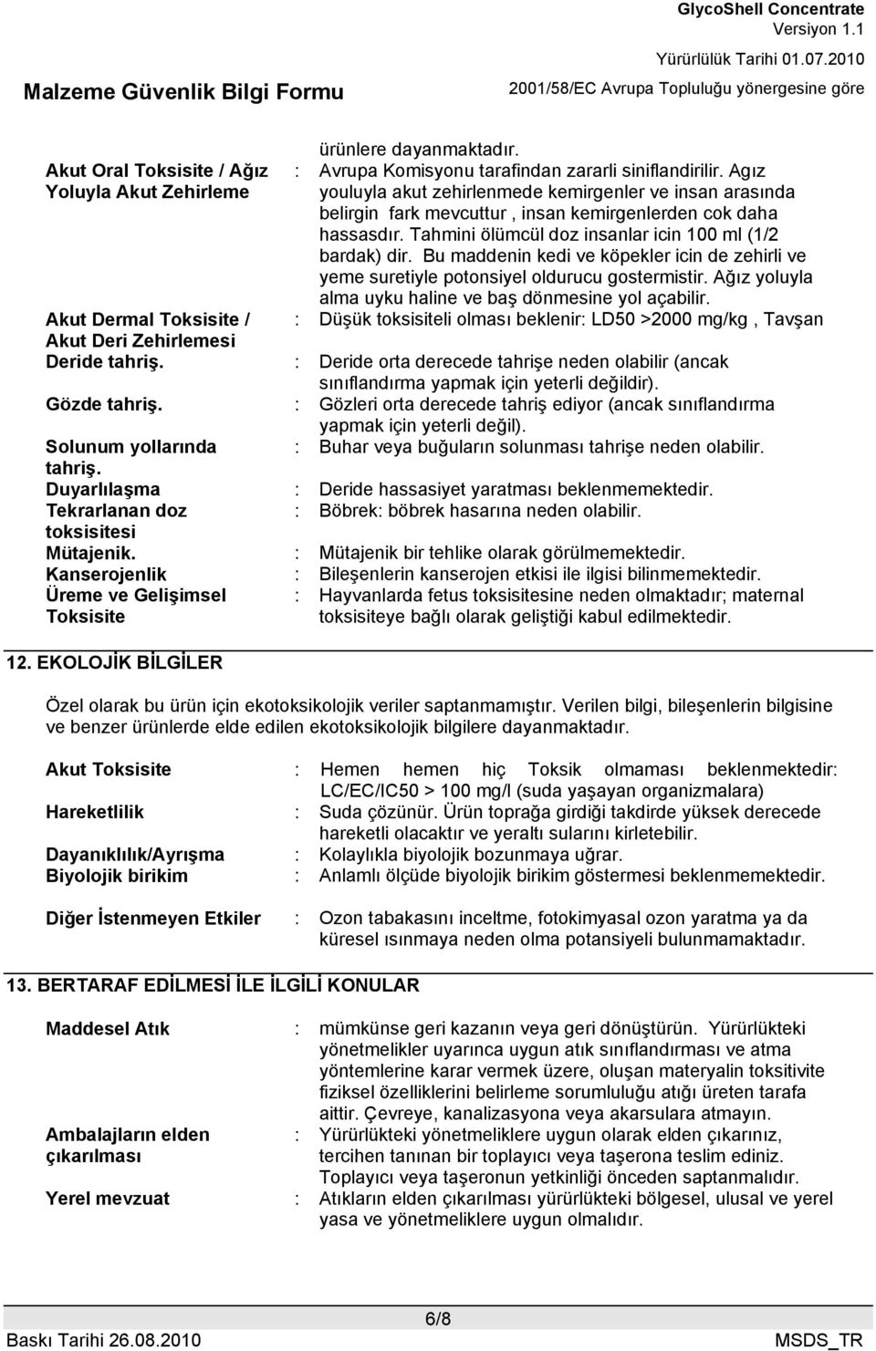 Bu maddenin kedi ve köpekler icin de zehirli ve yeme suretiyle potonsiyel oldurucu gostermistir. Ağız yoluyla alma uyku haline ve baş dönmesine yol açabilir.