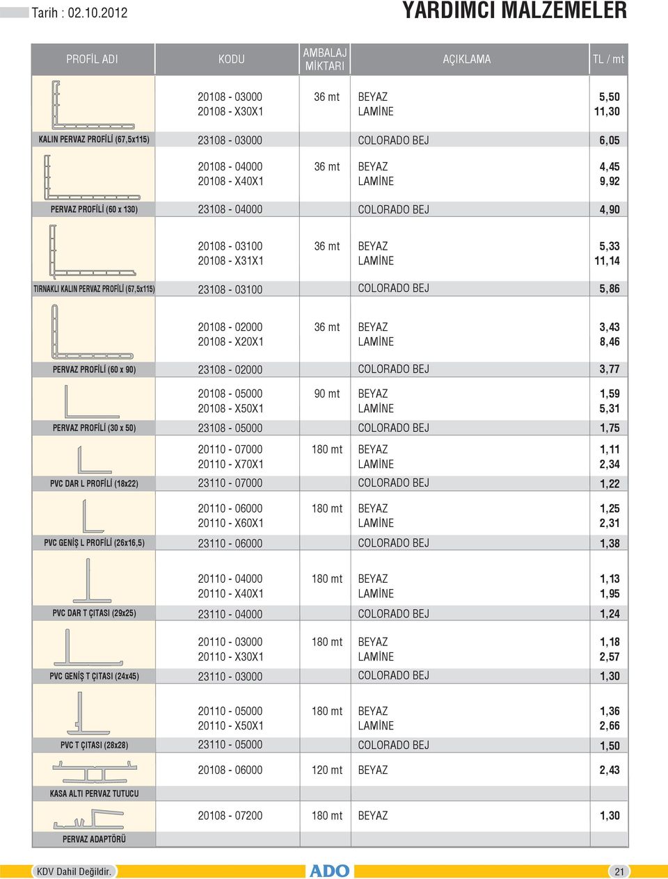 20108-03100 20108 - X31X1 5,33 11,14 TIRNAKLI KALIN PERVAZ PROFİLİ (67,5x115) 23108-03100 5,86 20108-02000 20108 - X20X1 3,43 8,46 PERVAZ PROFİLİ (60 x 90) 23108-02000 3,77 20108-05000 20108 - X50X1