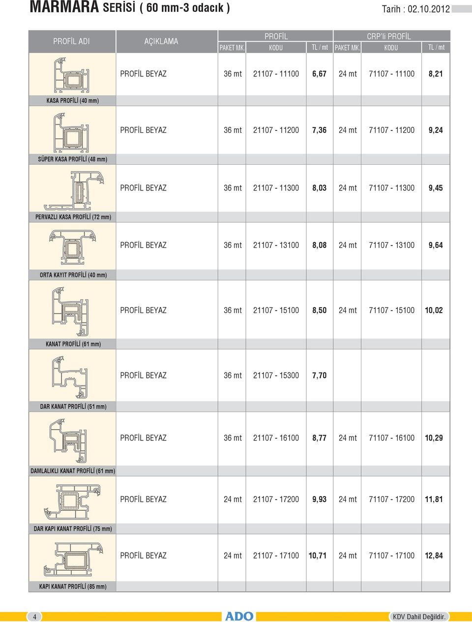 PERVAZLI KASA PROFİLİ (72 mm) PROFİL 21107-13100 8,08 71107-13100 9,64 ORTA KAYIT PROFİLİ (40 mm) PROFİL 21107-15100 8,50 71107-15100 10,02 KANAT PROFİLİ (61 mm) PROFİL 21107-15300 7,70 DAR