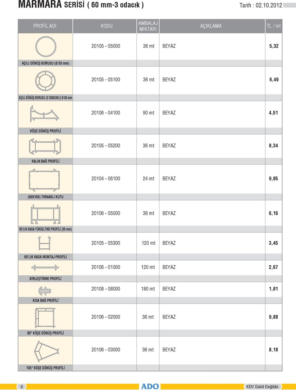 DÖNÜŞ PROFİLİ 20105-05200 8,34 KALIN BAĞ PROFİLİ 20104-06100 9,85 (60X100) TIRNAKLI KUTU 20106-05000 6,16 60 LIK KASA YÜKSELTME PROFİLİ (35