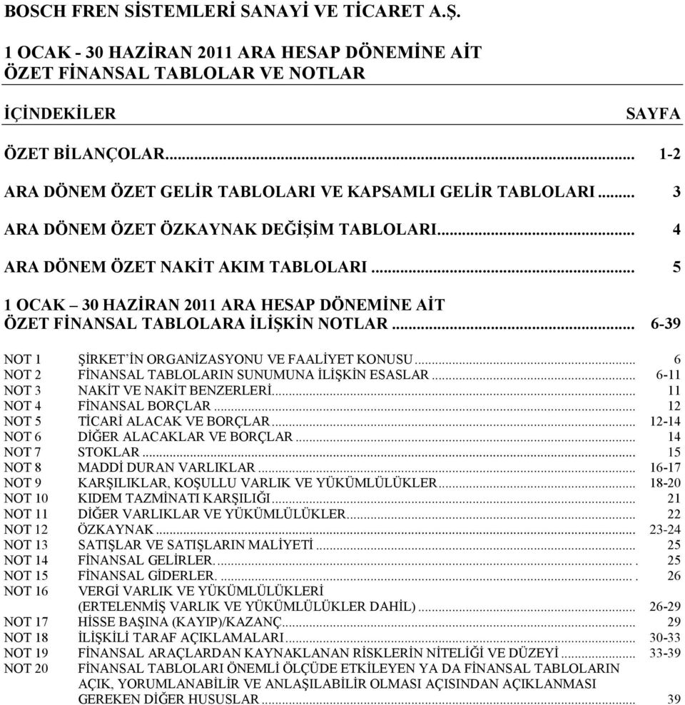 .. 6 NOT 2 FİNANSAL TABLOLARIN SUNUMUNA İLİŞKİN ESASLAR... 6-11 NOT 3 NAKİT VE NAKİT BENZERLERİ... 11 NOT 4 FİNANSAL BORÇLAR... 12 NOT 5 TİCARİ ALACAK VE BORÇLAR.