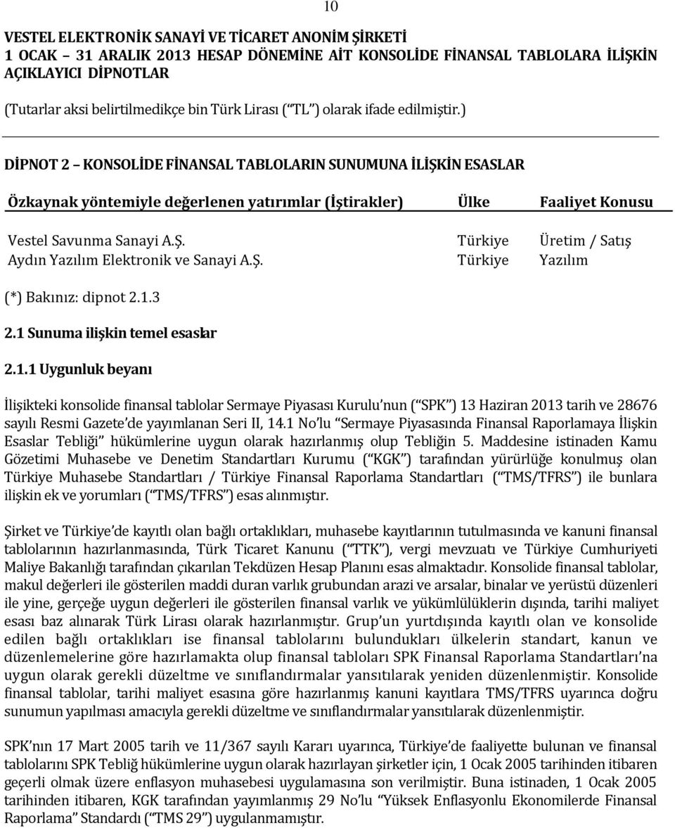 3 2.1 Sunuma ilişkin temel esaslar 2.1.1 Uygunluk beyanı İlişikteki konsolide finansal tablolar Sermaye Piyasası Kurulu nun ( SPK ) 13 Haziran 2013 tarih ve 28676 sayılı Resmi Gazete de yayımlanan Seri II, 14.