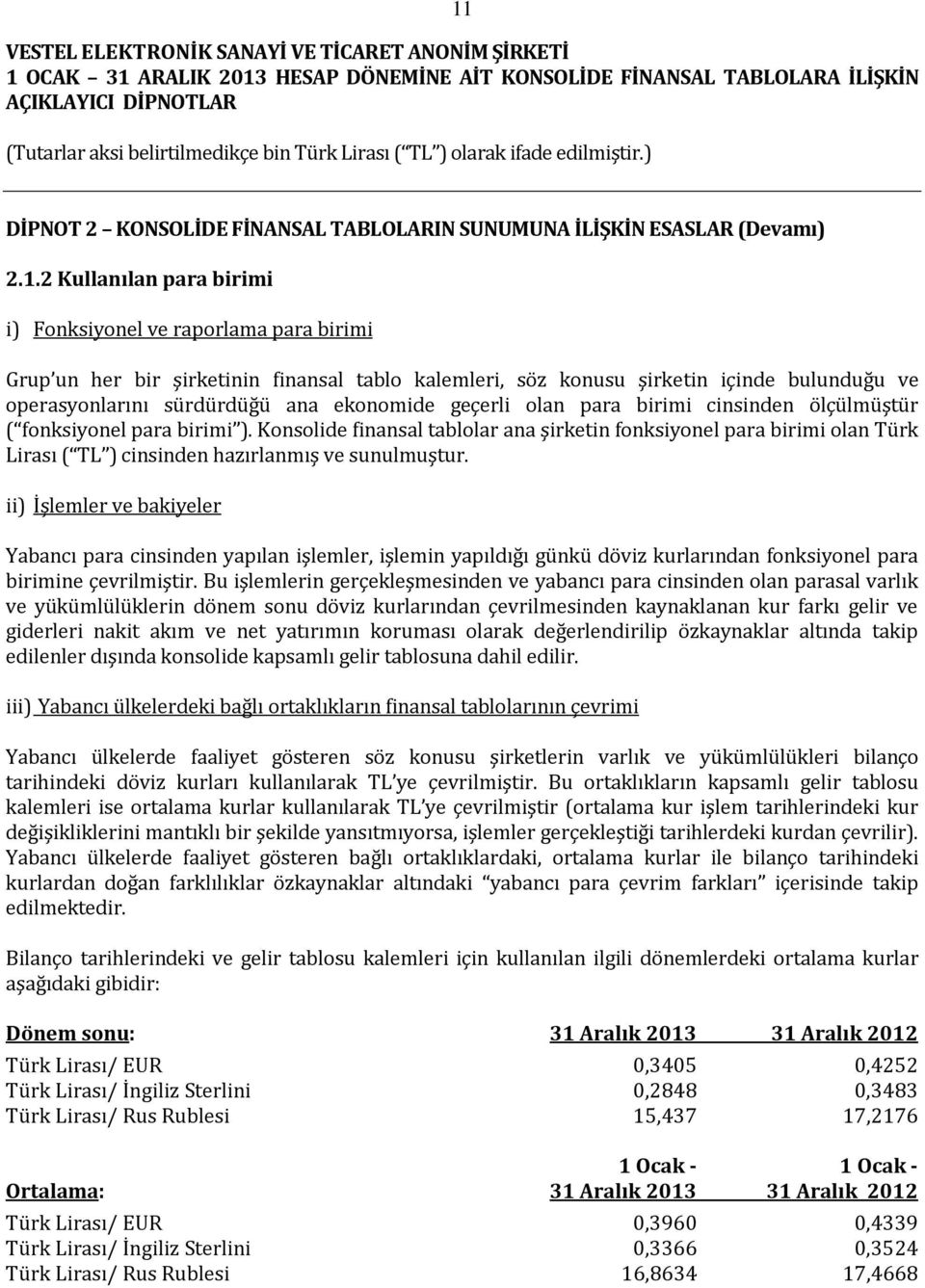 Konsolide finansal tablolar ana şirketin fonksiyonel para birimi olan Türk Lirası ( TL ) cinsinden hazırlanmış ve sunulmuştur.