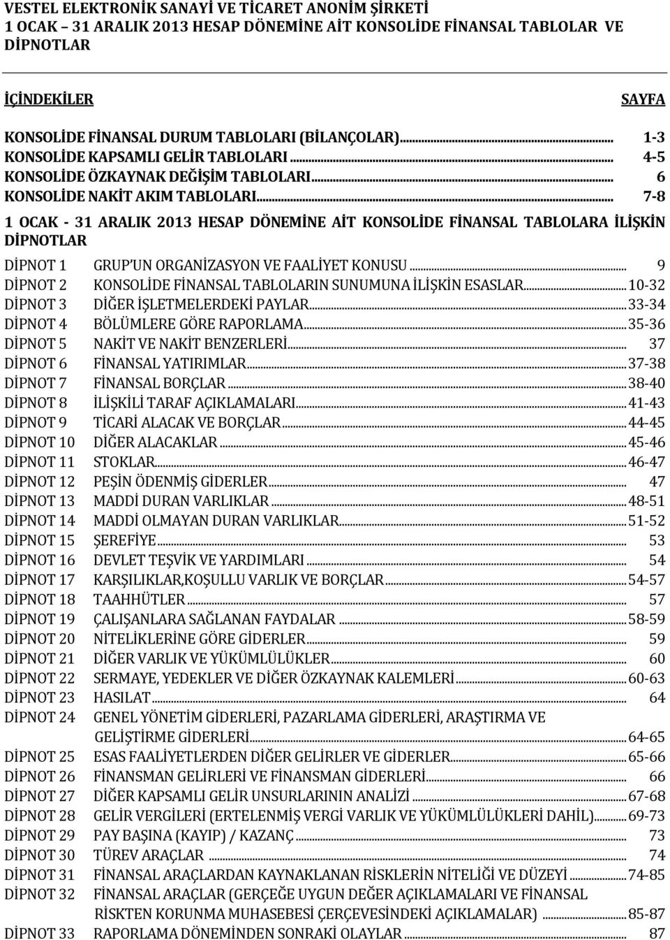 .. 7-8 1 OCAK - 31 ARALIK 2013 HESAP DÖNEMİNE AİT KONSOLİDE FİNANSAL TABLOLARA İLİŞKİN DİPNOTLAR DİPNOT 1 GRUP UN ORGANİZASYON VE FAALİYET KONUSU.