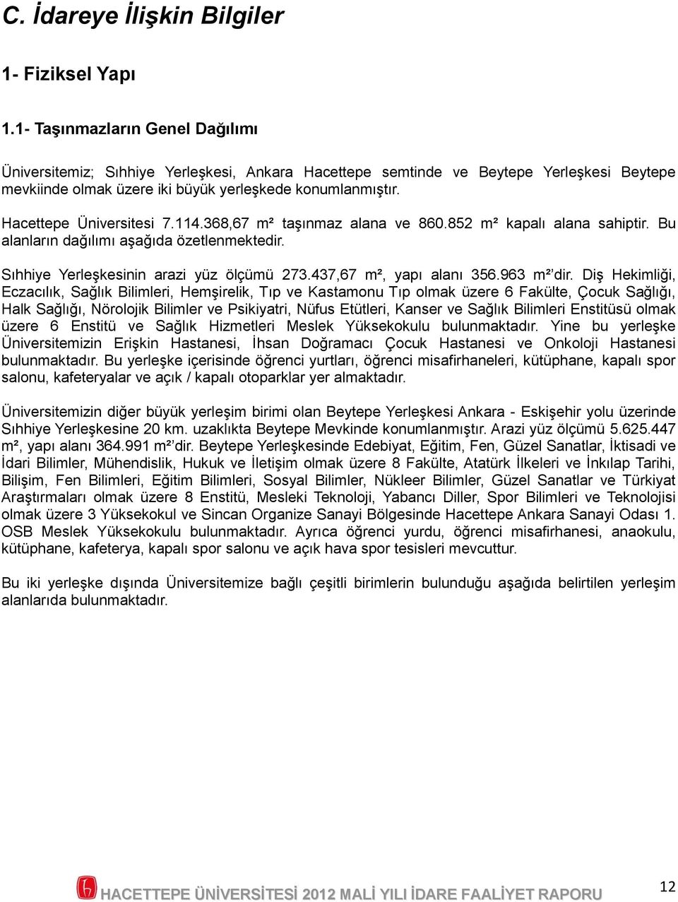 Hacettepe Üniversitesi 7.114.368,67 m² taşınmaz alana ve 860.852 m² kapalı alana sahiptir. Bu alanların dağılımı aşağıda özetlenmektedir. Sıhhiye Yerleşkesinin arazi yüz ölçümü 273.