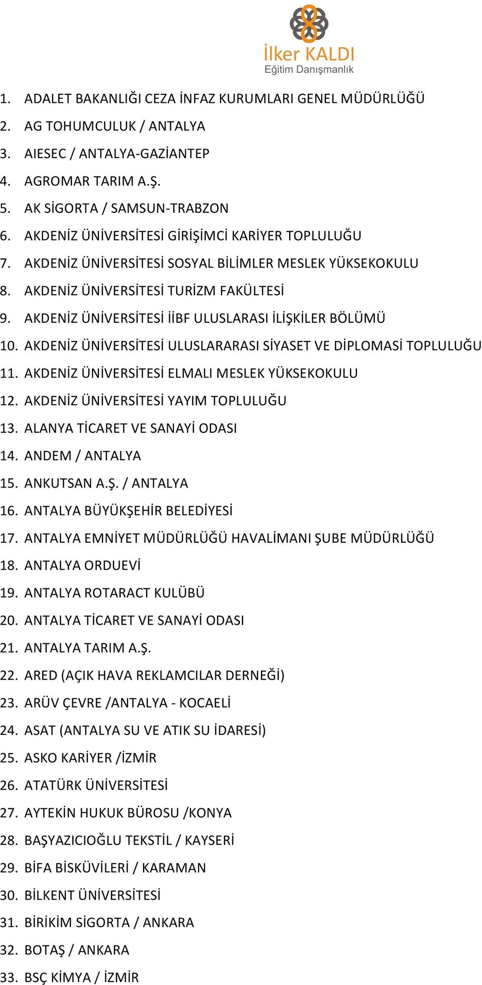 AKDENİZ ÜNİVERSİTESİ İİBF ULUSLARASI İLİŞKİLER BÖLÜMÜ 10. AKDENİZ ÜNİVERSİTESİ ULUSLARARASI SİYASET VE DİPLOMASİ TOPLULUĞU 11. AKDENİZ ÜNİVERSİTESİ ELMALI MESLEK YÜKSEKOKULU 12.