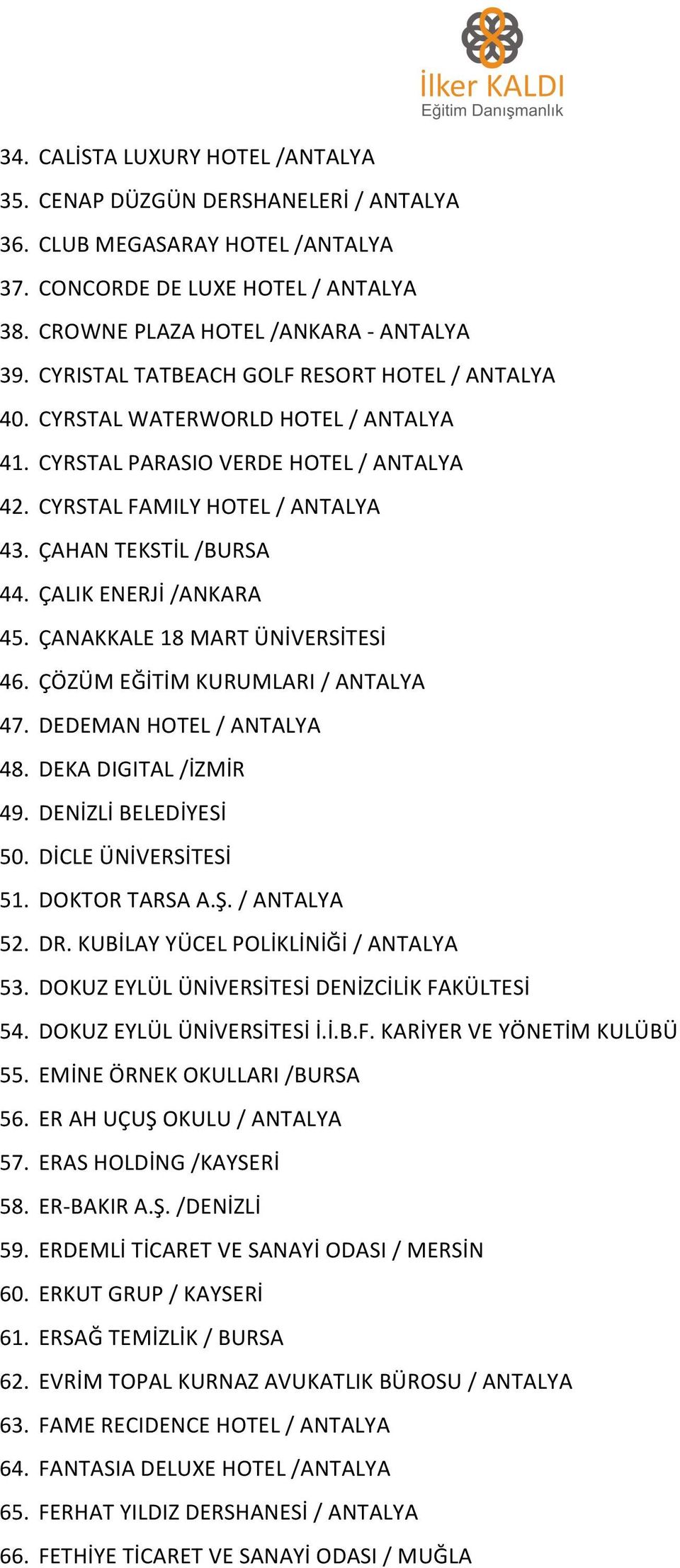 ÇALIK ENERJİ /ANKARA 45. ÇANAKKALE 18 MART ÜNİVERSİTESİ 46. ÇÖZÜM EĞİTİM KURUMLARI / ANTALYA 47. DEDEMAN HOTEL / ANTALYA 48. DEKA DIGITAL /İZMİR 49. DENİZLİ BELEDİYESİ 50. DİCLE ÜNİVERSİTESİ 51.