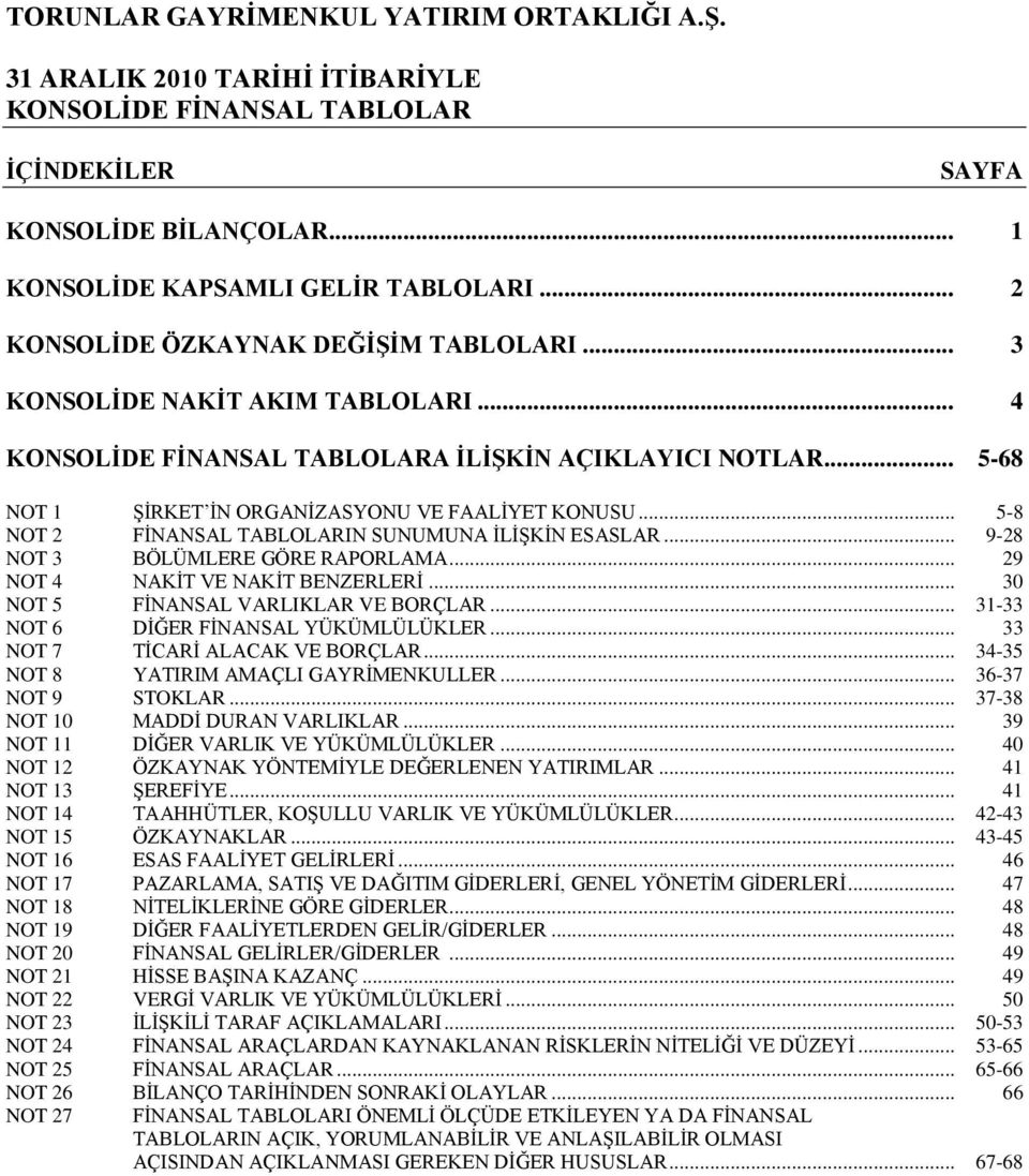 .. 5-8 NOT 2 FĠNANSAL TABLOLARIN SUNUMUNA ĠLĠġKĠN ESASLAR... 9-28 NOT 3 BÖLÜMLERE GÖRE RAPORLAMA... 29 NOT 4 NAKĠT VE NAKĠT BENZERLERĠ... 30 NOT 5 FĠNANSAL VARLIKLAR VE BORÇLAR.