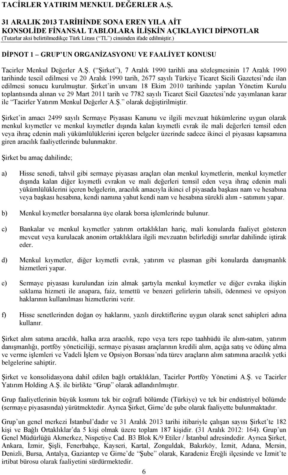 Şirket in unvanı 18 Ekim 2010 tarihinde yapılan Yönetim Kurulu toplantısında alınan ve 29 Mart 2011 tarih ve 7782 sayılı Ticaret Sicil Gazetesi nde yayımlanan karar ile Tacirler Yatırım Menkul