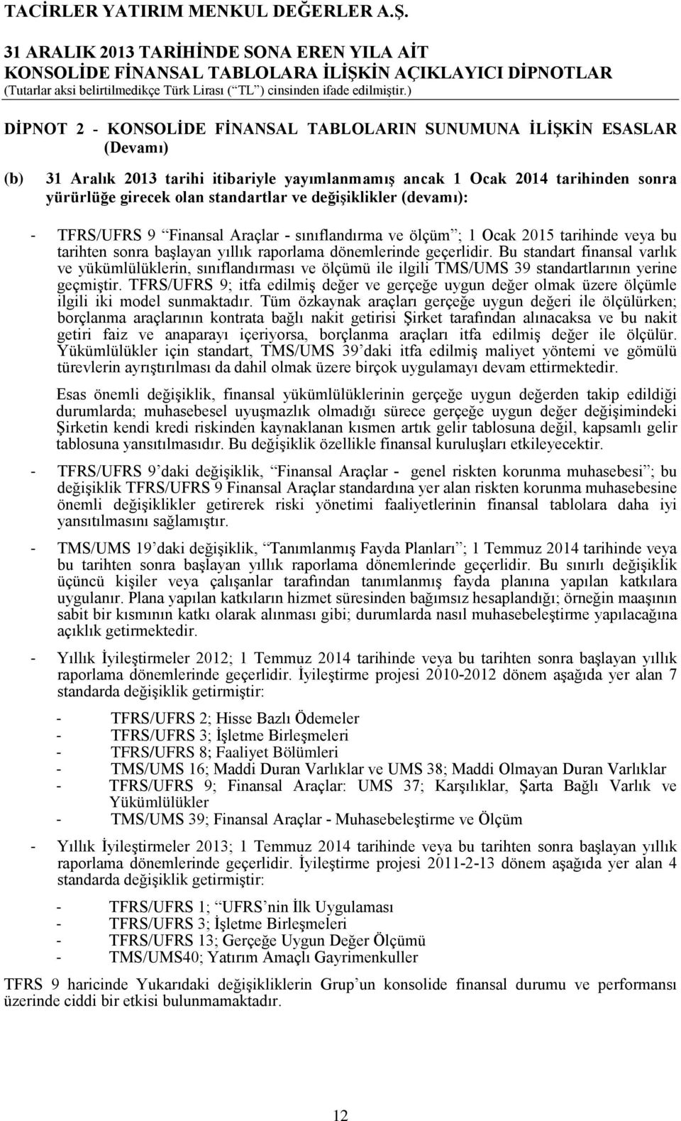 Bu standart finansal varlık ve yükümlülüklerin, sınıflandırması ve ölçümü ile ilgili TMS/UMS 39 standartlarının yerine geçmiştir.