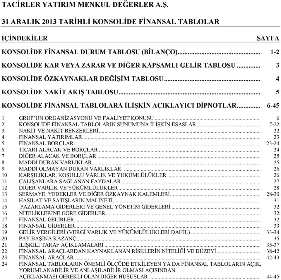 .. 7-22 3 NAKİT VE NAKİT BENZERLERİ... 22 4 FİNANSAL YATIRIMLAR... 23 5 FİNANSAL BORÇLAR... 23-24 6 TİCARİ ALACAK VE BORÇLAR... 24 7 DİĞER ALACAK VE BORÇLAR... 25 8 MADDİ DURAN VARLIKLAR.