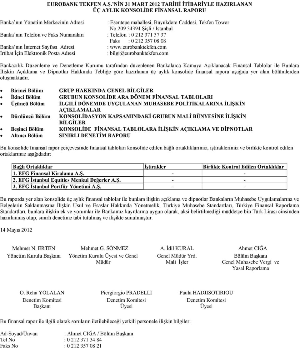 com İrtibat İçin Elektronik Posta Adresi : bilgi@eurobanktekfen.