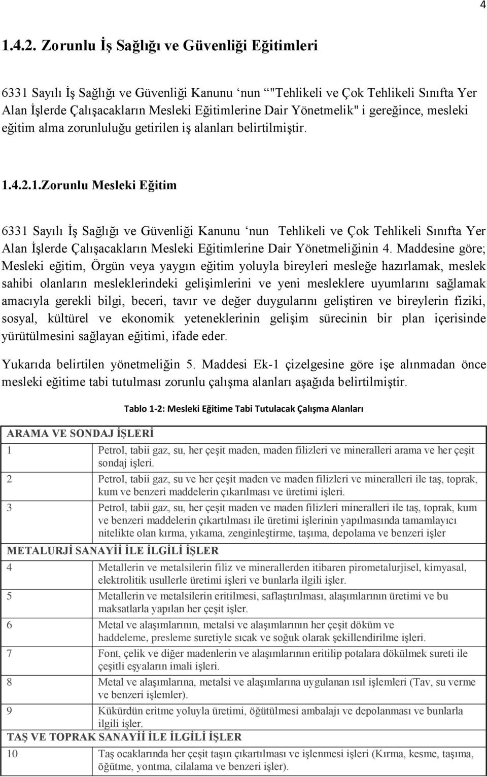 gereğince, mesleki eğitim alma zorunluluğu getirilen iş alanları belirtilmiştir. 1.