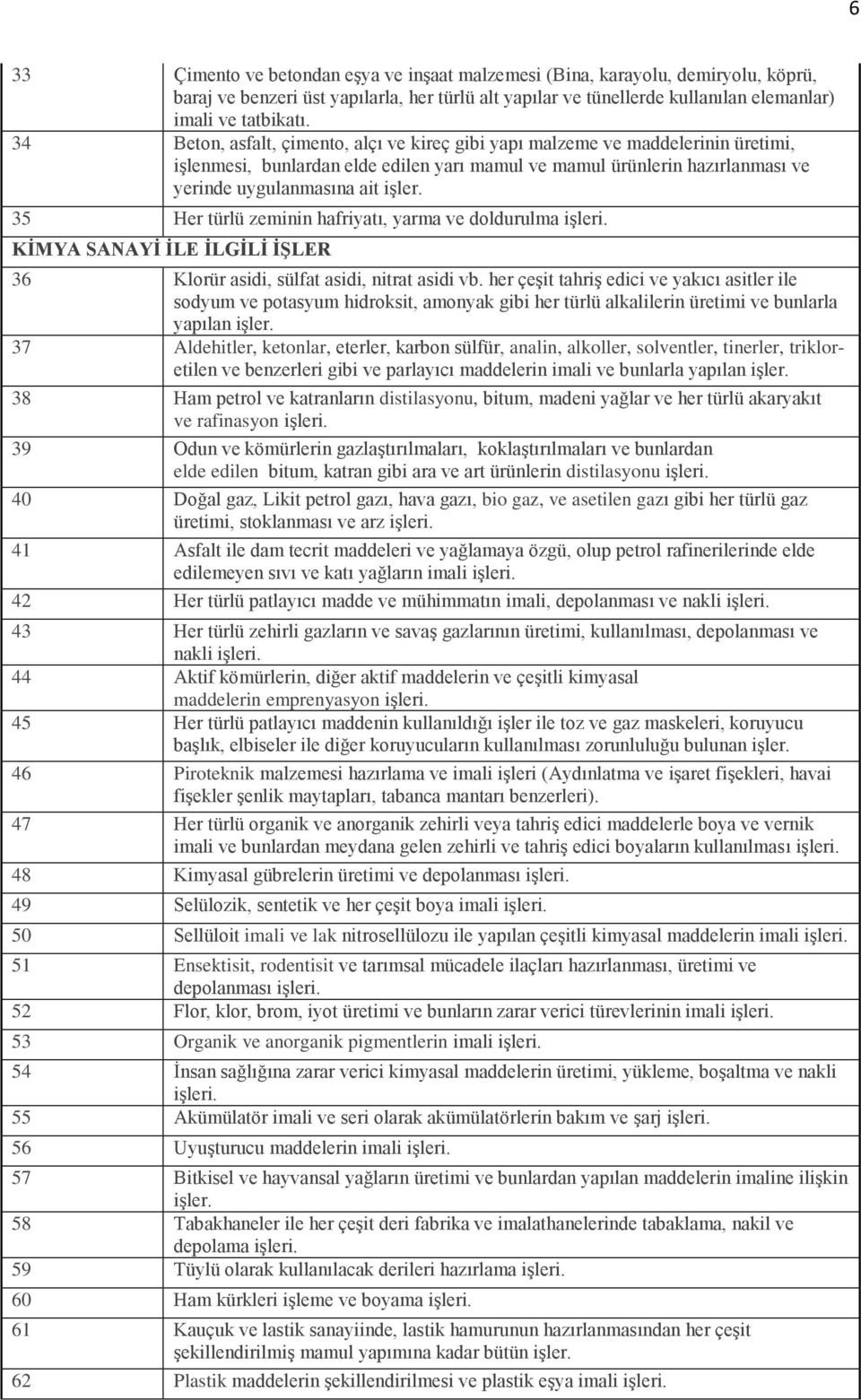 35 Her türlü zeminin hafriyatı, yarma ve doldurulma işleri. KİMYA SANAYİ İLE İLGİLİ İŞLER 36 Klorür asidi, sülfat asidi, nitrat asidi vb.