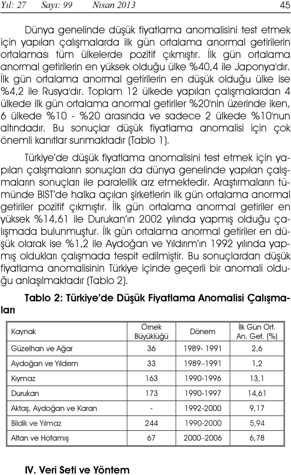 Toplam 12 ülkede yapılan çalışmalardan 4 ülkede ilk gün ortalama anormal getiriler %20'nin üzerinde iken, 6 ülkede %10 - %20 arasında ve sadece 2 ülkede %10'nun altındadır.