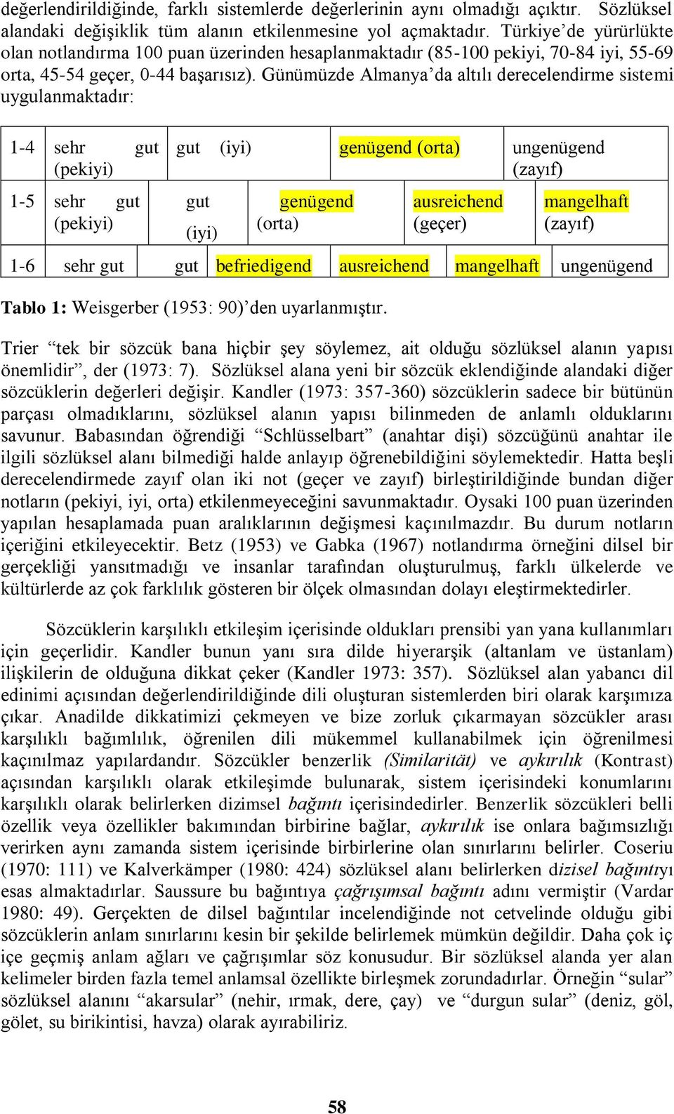 Günümüzde Almanya da altılı derecelendirme sistemi uygulanmaktadır: 14 sehr gut (pekiyi) 15 sehr gut (pekiyi) gut (iyi) genügend (orta) ungenügend (zayıf) gut (iyi) genügend (orta) ausreichend