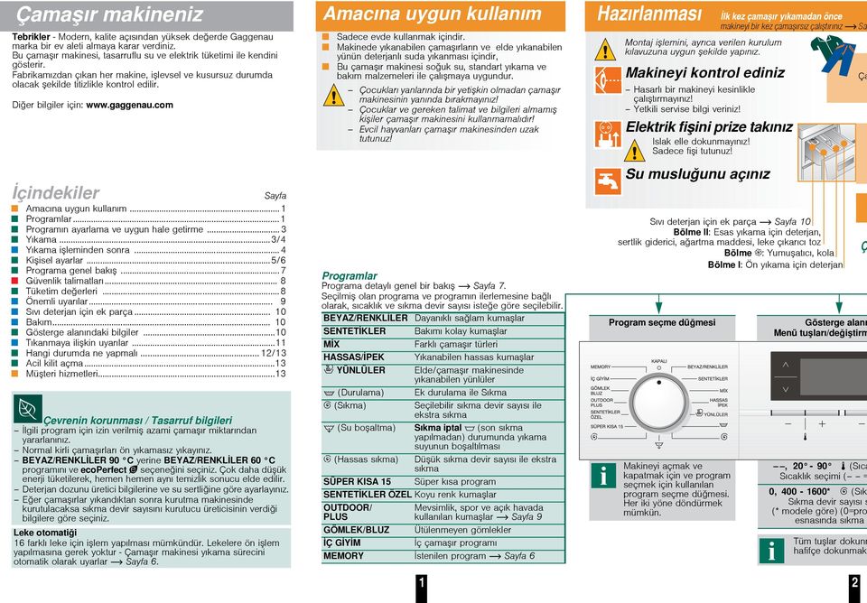 ..1 Programın ayarlama ve uygun hale getirme...3 Yıkama...3/4 Yıkama ileminden sonra...4 Kiisel ayarlar...5/6 Programa genel bakı...7 Güvenlik talimatları... 8 Tüketim deerleri...8 Önemli uyarılar.