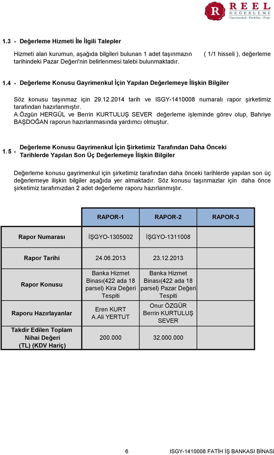 2014 tarih ve ISGY-1410008 numaralı rapor şirketimiz tarafından hazırlanmıştır. A.