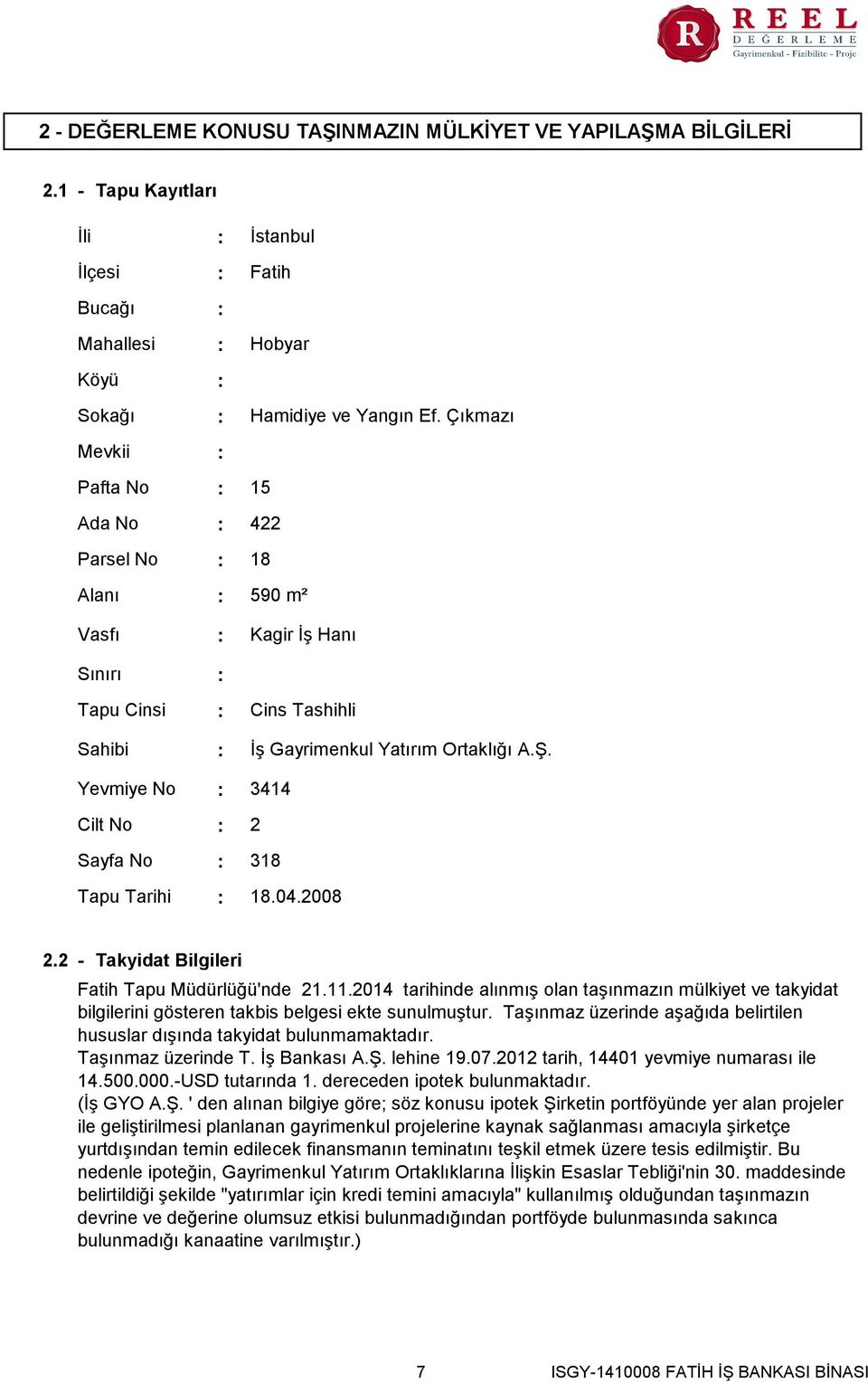 Çıkmazı 15 422 18 590 m² Vasfı Sınırı Tapu Cinsi Sahibi Yevmiye No Cilt No Sayfa No Tapu Tarihi Kagir İş Hanı Cins Tashihli İş Gayrimenkul Yatırım Ortaklığı A.Ş. 3414 2 318 18.04.2008 2.