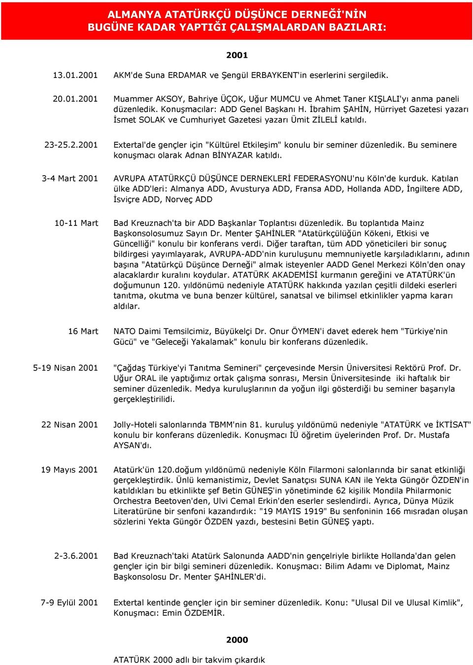 -25.2.2001 Extertal'de gençler için "Kültürel Etkileşim" konulu bir seminer düzenledik. Bu seminere konuşmacı olarak Adnan BİNYAZAR katıldı.