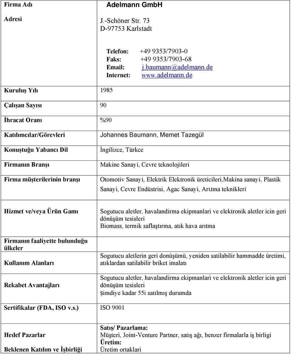de Kuruluş Yılı 1985 Çalışan Sayısı 90 İhracat Oranı %90 Konuştuğu Yabancı Dil Johannes Baumann, Memet Tazegül İngilizce, Türkce Makine Sanayi, Cevre teknolojileri Otomotiv Sanayi, Elektrik