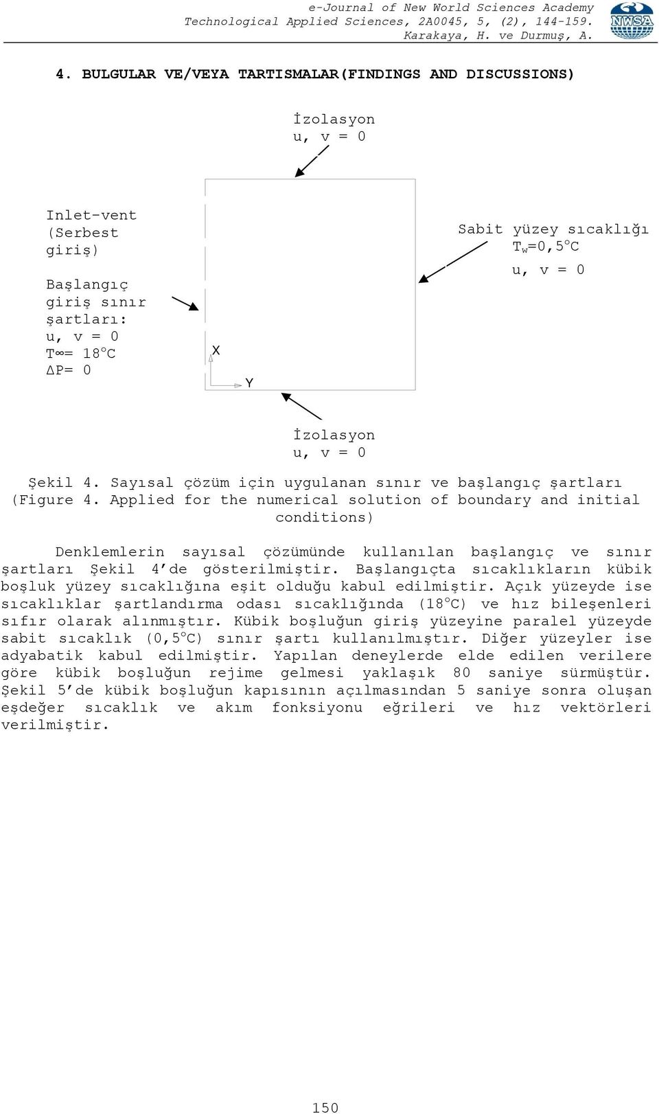 Applied for the numerical solution of boundary and initial conditions) Denklemlerin sayısal çözümünde kullanılan başlangıç ve sınır şartları Şekil 4 de gösterilmiştir.