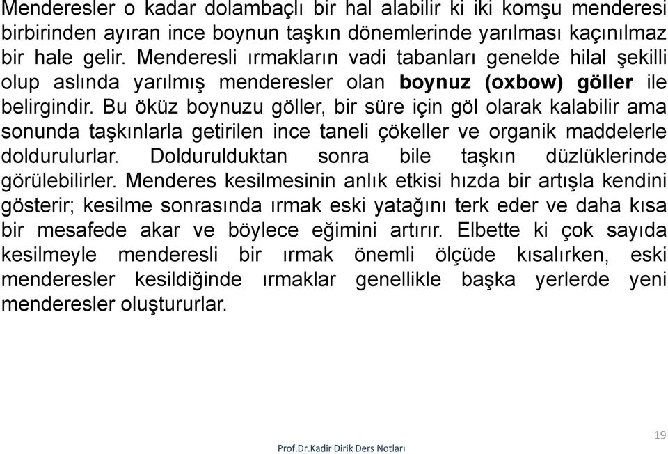 Bu öküz boynuzu göller, bir süre için göl olarak kalabilir ama sonunda taşkınlarla getirilen ince taneli çökeller ve organik maddelerle doldurulurlar.