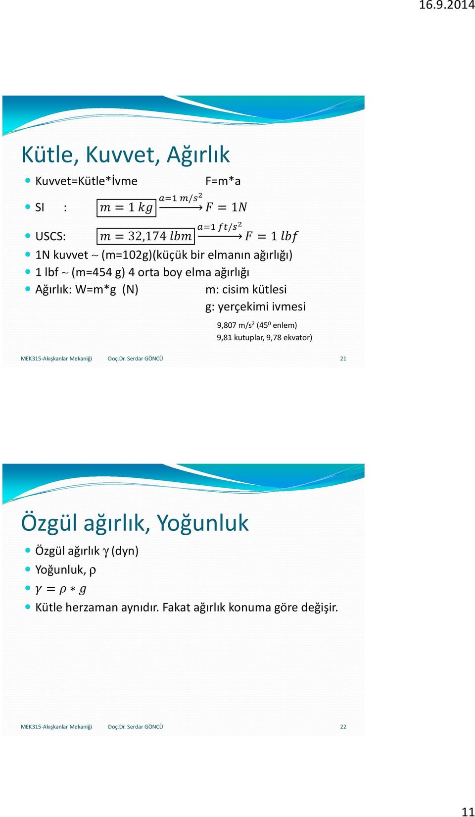 ivmesi 9,807 m/s 2 (45 0 enlem) 9,81 kutuplar, 9,78 ekvator) Doç.Dr.