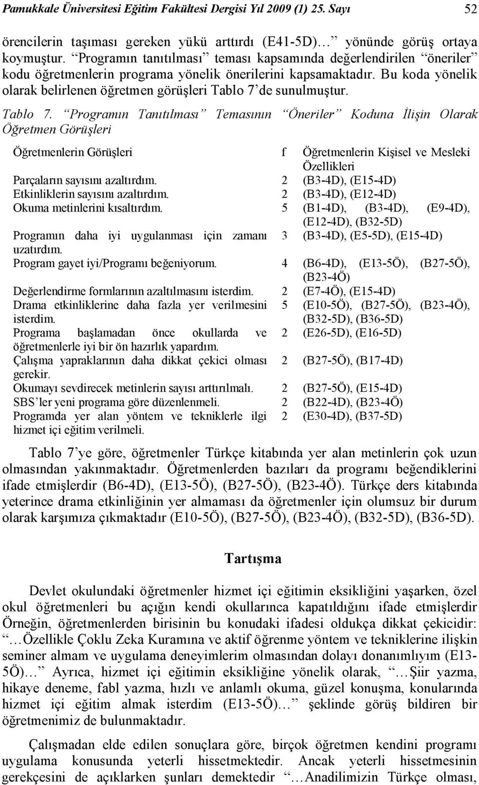 Bu koda yönelik olarak belirlenen öğretmen görüşleri Tablo 7 