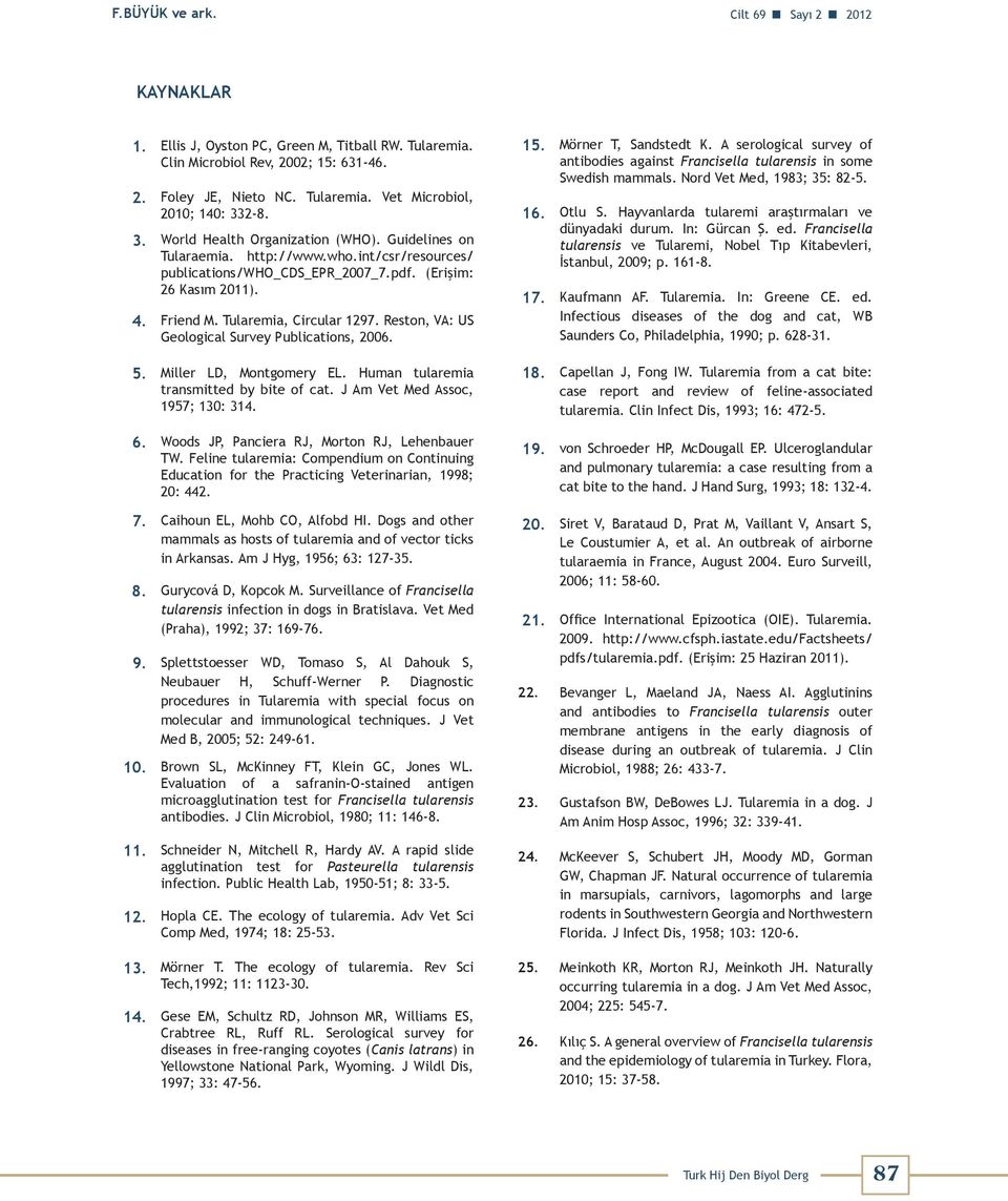 Reston, VA: US Geological Survey Publications, 2006. 5. Miller LD, Montgomery EL. Human tularemia transmitted by bite of cat. J Am Vet Med Assoc, 1957; 130: 314. 6.