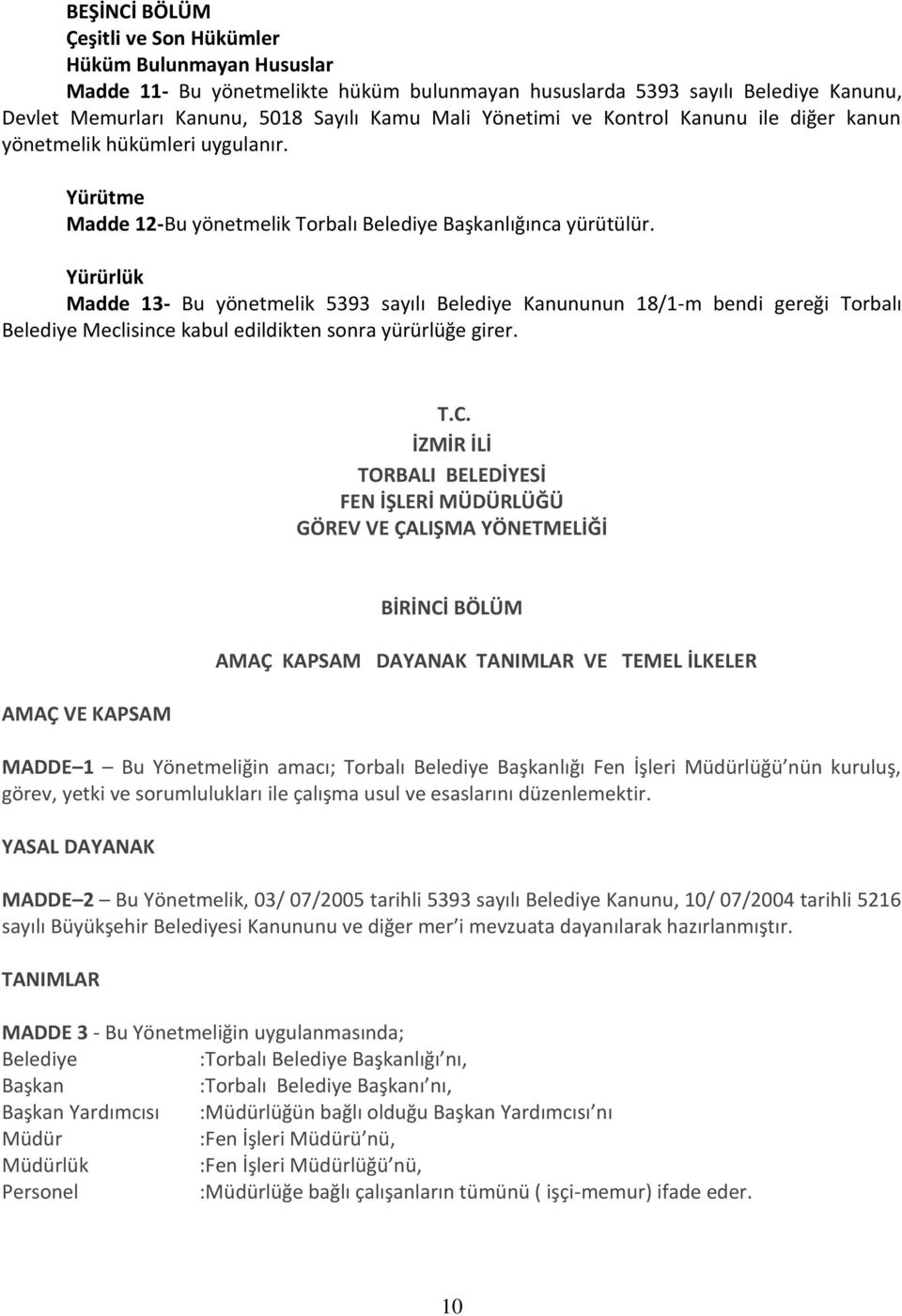 Yürürlük Madde 13- Bu yönetmelik 5393 sayılı Belediye Kanununun 18/1-m bendi gereği Torbalı Belediye Meclisince kabul edildikten sonra yürürlüğe girer. T.C.