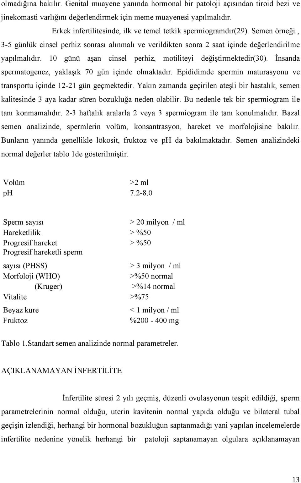 10 günü aşan cinsel perhiz, motiliteyi değiştirmektedir(30). İnsanda spermatogenez, yaklaşık 70 gün içinde olmaktadır. Epididimde spermin maturasyonu ve transportu içinde 12-21 gün geçmektedir.