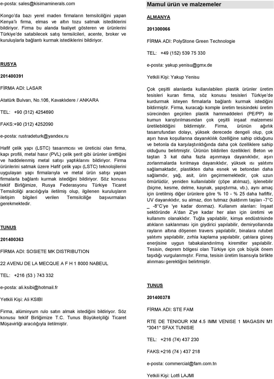 Mamul ürün ve malzemeler ALMANYA 201300066 FİRMA ADI: PolyStone Green Technologie TEL: +49 (152) 539 75 330 RUSYA 201400391 FİRMA ADI: LASAR Atatürk Bulvarı, No.