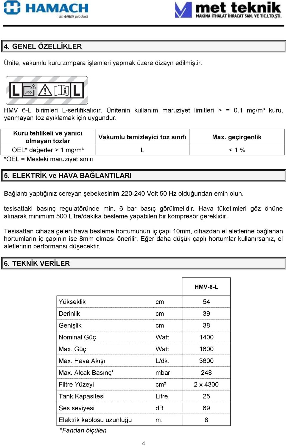 geçirgenlik OEL* değerler > 1 mg/m³ L < 1 % *OEL = Mesleki maruziyet sınırı 5. ELEKTRİK ve HAVA BAĞLANTILARI Bağlantı yaptığınız cereyan şebekesinim 220-240 Volt 50 Hz olduğundan emin olun.