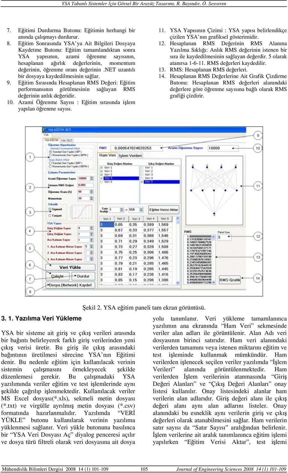 değerinin.net uzantılı bir dosyaya kaydedilmesinin sağlar. 9. Eğitim Sırasında Hesaplanan RMS Değeri: Eğitim performansının görülmesinin sağlayan RMS değerinin anlık değeridir. 10.