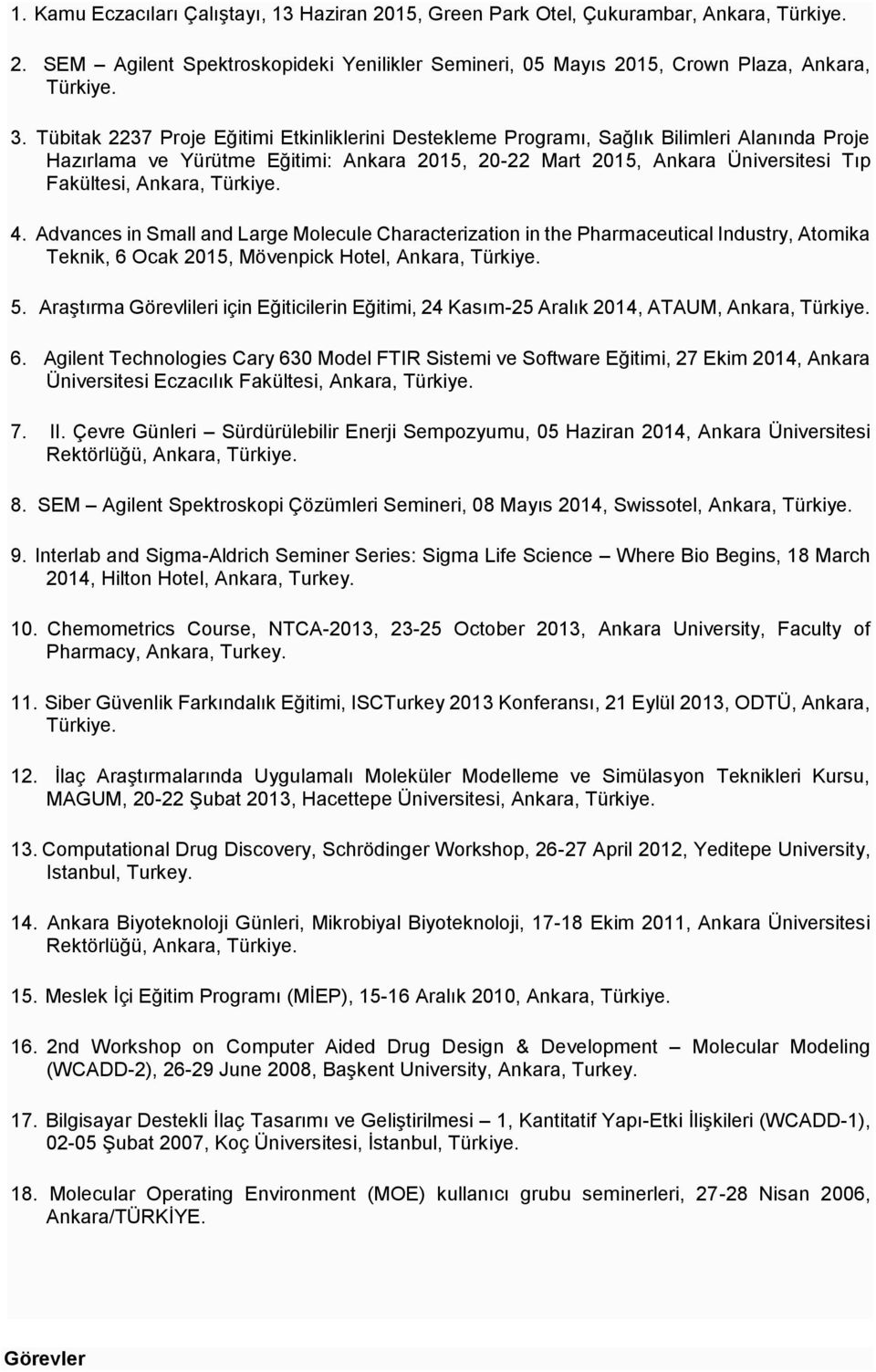 Türkiye. 4. Advances in Small and Large Molecule Characterization in the Pharmaceutical Industry, Atomika Teknik, 6 Ocak 2015, Mövenpick Hotel, Ankara, Türkiye. 5.