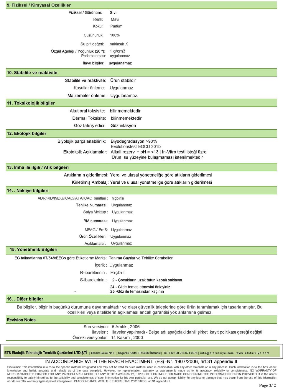 Akut oral toksisite: Dermal Toksisite: Göz tahriş edici: bilinmemektedir bilinmemektedir Göz iritasyon Biyolojik parçalanabilirlik: Biyodegradasyon >90% Evolutionstest EOCD 301b Ekotoksik