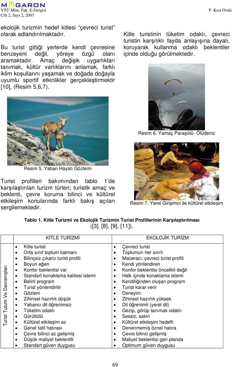 Kısa Ovalı Kitle turistinin tüketim odaklı, çevreci turistin karşılıklı fayda anlayışına dayalı, koruyarak kullanma odaklı beklentiler içinde olduğu görülmektedir. Resim 6.