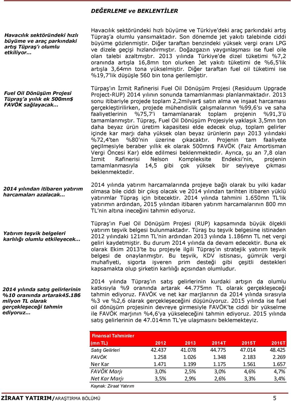 186 milyon TL olarak gerçekleşeceği tahmin ediyoruz Havacılık sektöründeki hızlı büyüme ve Türkiye deki araç parkındaki artış Tüpraş a olumlu yansımaktadır.