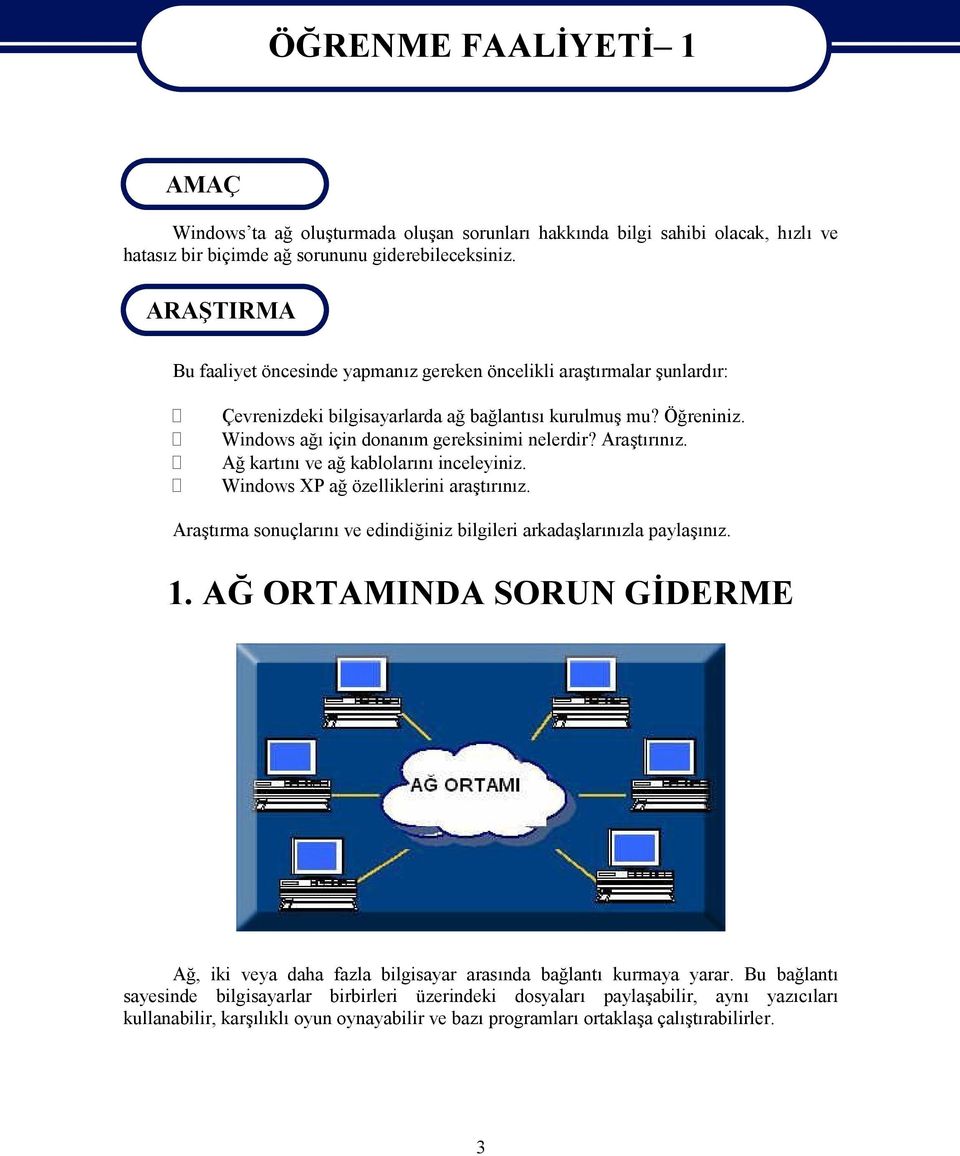 Araştırınız. Ağ kartını ve ağ kablolarını inceleyiniz. Windows XP ağ özelliklerini araştırınız. Araştırma sonuçlarını ve edindiğiniz bilgileri arkadaşlarınızla paylaşınız. 1.