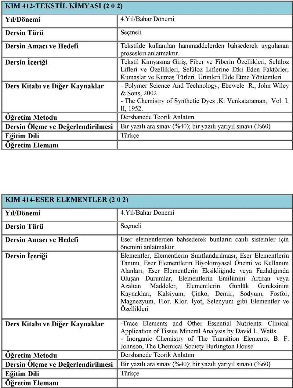 Diğer Kaynaklar - Polymer Science And Technology, Ebewele R., John Wiley & Sons, 2002 - The Chemistry of Synthetic Dyes,K. Venkataraman, Vol. I, II, 1952.