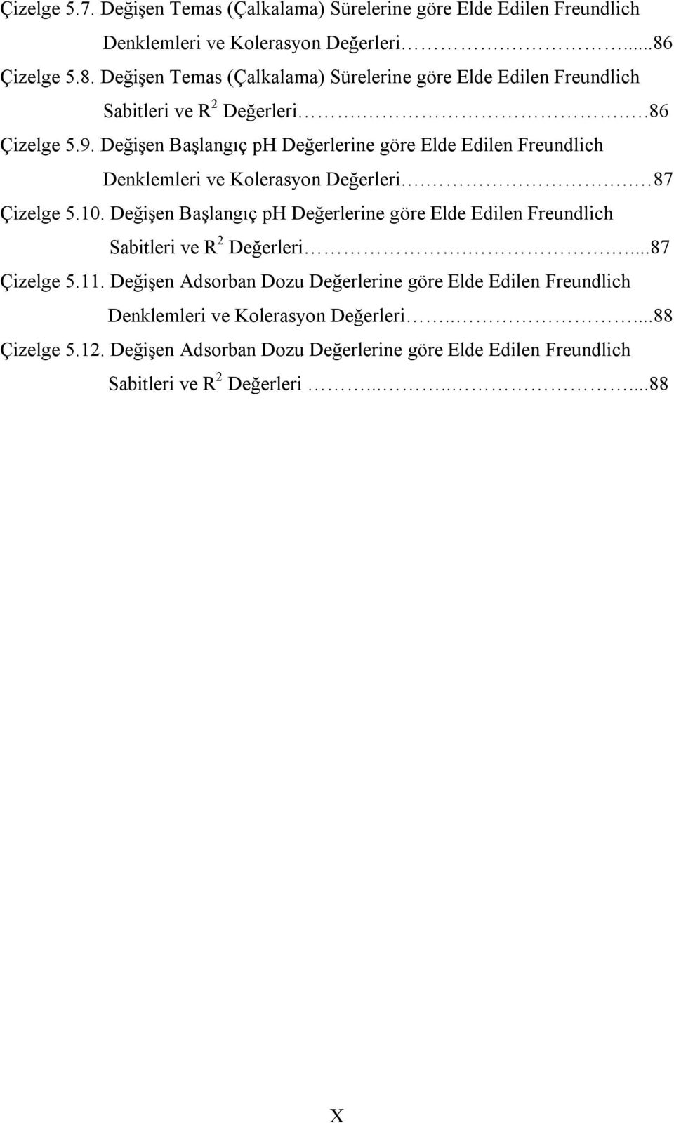 Değişen Başlangıç ph Değerlerine göre Elde Edilen Freundlich Denklemleri ve Kolerasyon Değerleri... 87 Çizelge 5.10.