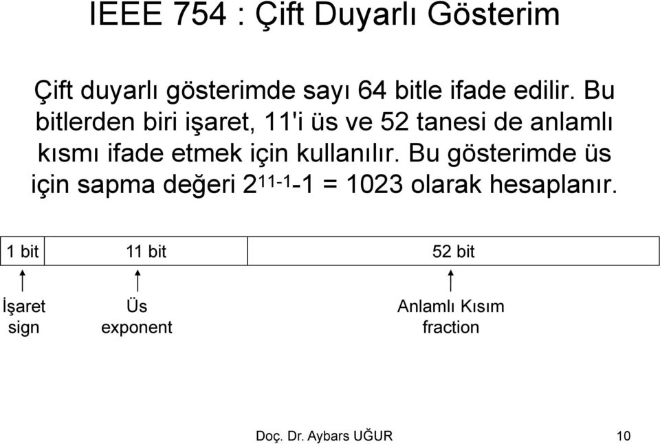 kullanılır. Bu gösterimde üs için sapma değeri 2 11-1 -1 = 1023 olarak hesaplanır.