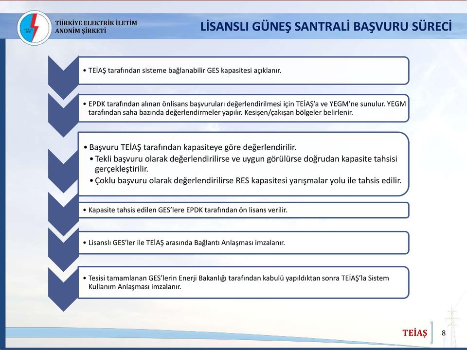 Tekli başvuru olarak değerlendirilirse ve uygun görülürse doğrudan kapasite tahsisi gerçekleştirilir. Çoklu başvuru olarak değerlendirilirse RES kapasitesi yarışmalar yolu ile tahsis edilir.